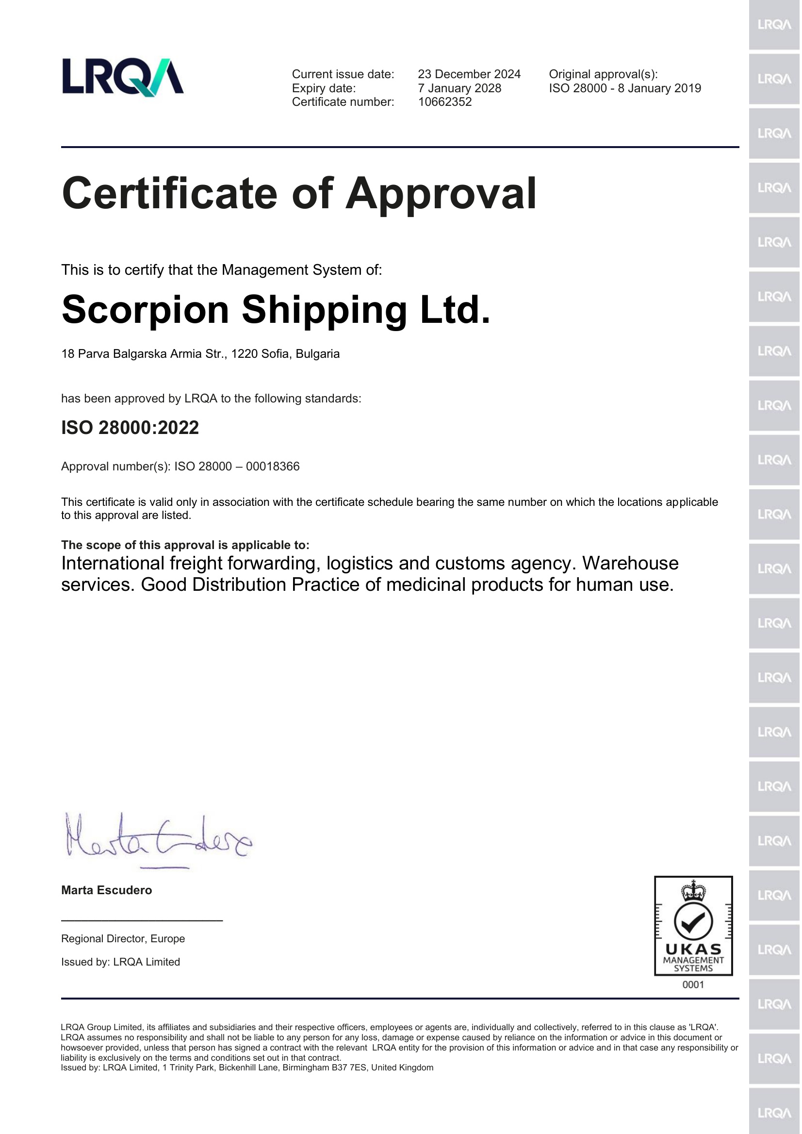 ISO 28000:2022 Certificate of Approval (English language)