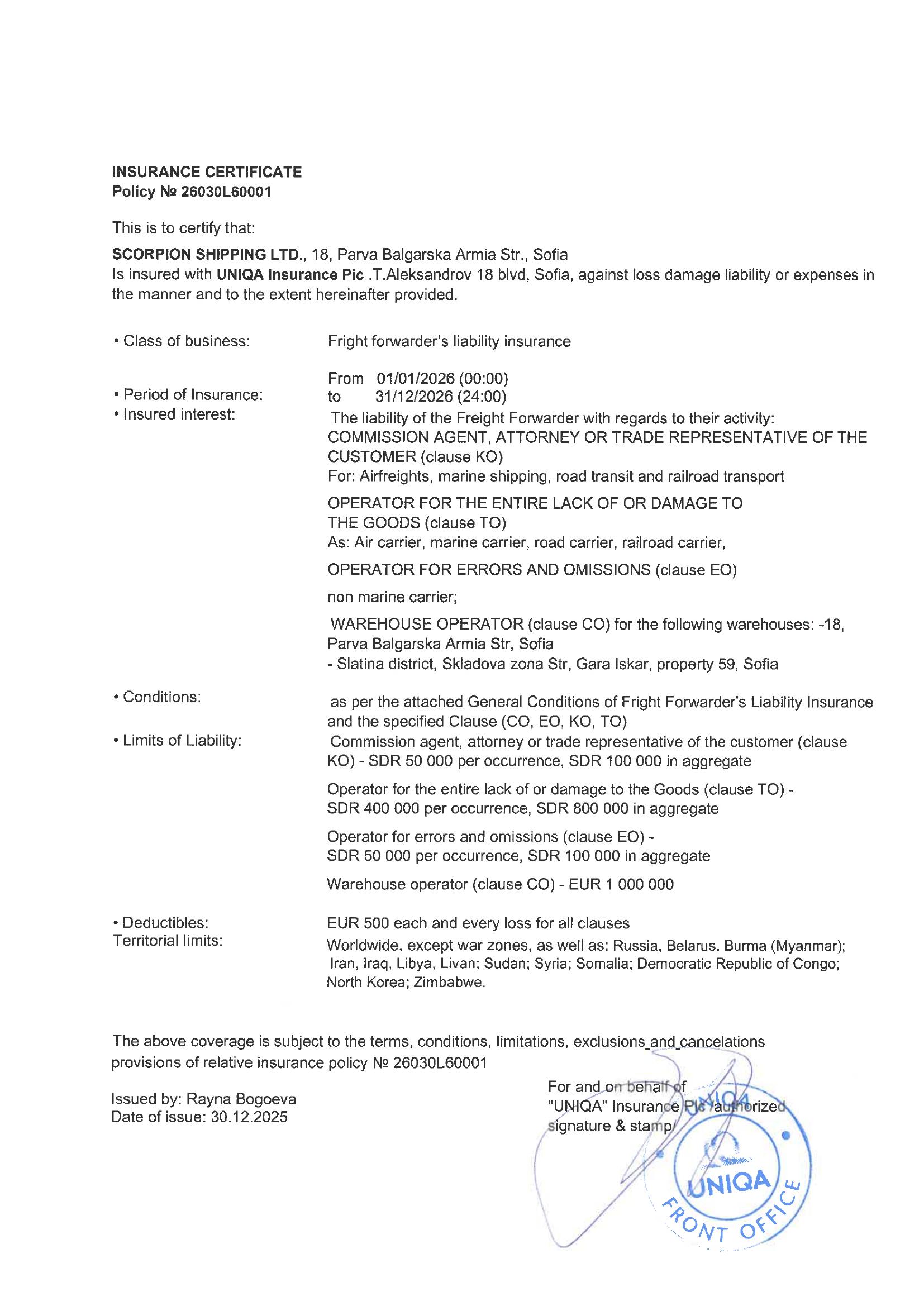 Insurance Certificate – Freight Forwarder’s Liability Insurance (English language)